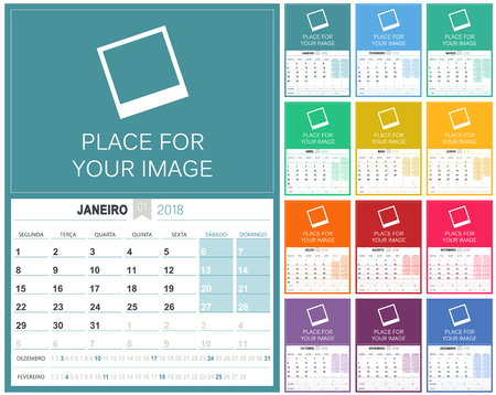 Portuguese Calendar 2018 / planning calendar template 2018 set of 12 months January - December, week starts on Monday, colorful calendar template, vector illustrationのイラスト素材