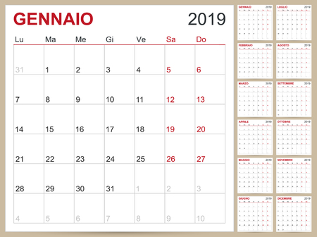 Italian calendar 2019 / Italian calendar template for year 2019, set of 12 months, week starts on Monday, printable calendar templatesのイラスト素材