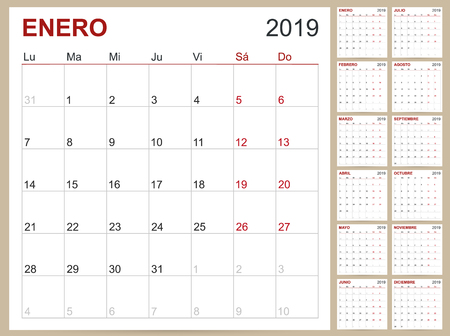 Spanish calendar 2019 / Spanish calendar template for year 2019, set of 12 months, week starts on Monday, printable calendar templatesのイラスト素材