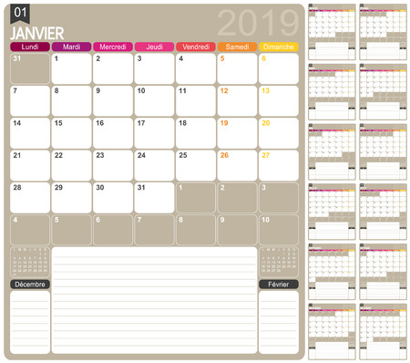 French calendar template for year 2019, set of 12 months, week starts on Monday, printable calendar templatesのイラスト素材