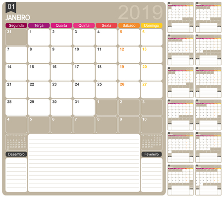 Portuguese calendar template for year 2019, set of 12 months, week starts on Monday, printable calendar templatesのイラスト素材
