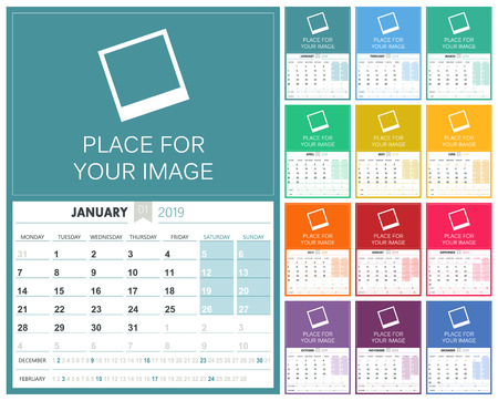 English planning calendar 2019, week starts on Monday, colorful calendar template with place for your image, vector illustrationのイラスト素材