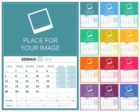 Italian planning calendar 2019, week starts on Monday, colorful calendar template with place for your image, vector illustrationのイラスト素材