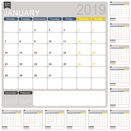 English calendar template for year 2019, set of 12 months, week starts on Monday, printable calendar template, calendar planner 2019, vector illustrationのイラスト素材