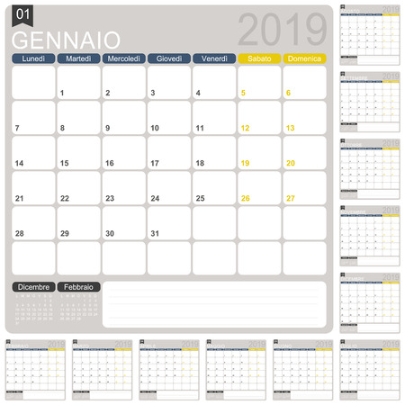 Italian calendar template for year 2019, set of 12 months, week starts on Monday, printable calendar template, calendar planner 2019, vector illustrationのイラスト素材