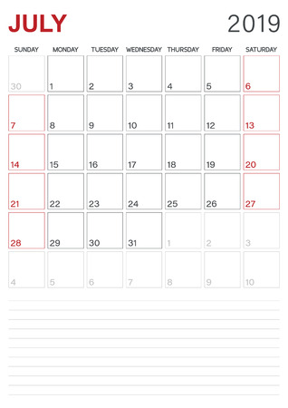 Monthly planner calendar July 2019, week starts on Sunday, desk calendar template, vector illustrationのイラスト素材