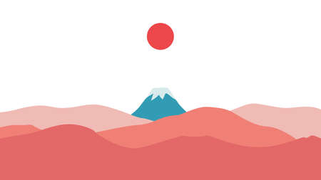 Vector landscape with a mountain and hills with beautiful red sunrise.のイラスト素材