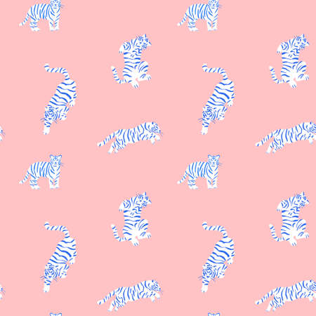 seamless pattern with cute tigers on background. Fashionable fabric design.