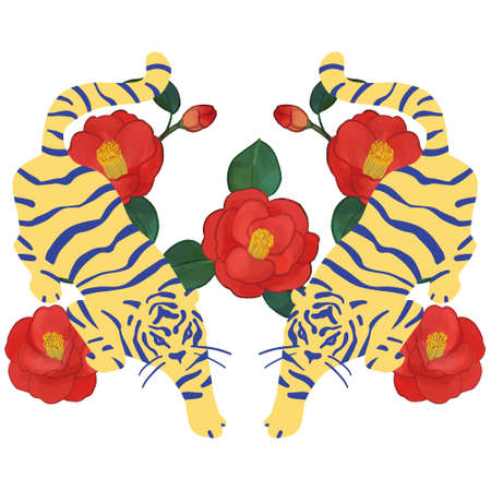 vintage-like tiger and camellia illustration, clip artのイラスト素材