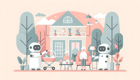 illustration of people with robots in the garden. Flat style.の素材