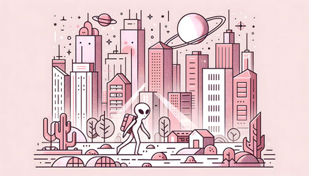 line art illustration of alien and city on pink background. Linear style design concept for web, site, advertising, banner, poster, board and print.の素材