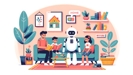 Children playing with robot in living room illustration. Cartoon happy boy and girl sitting on sofa and playing with artificial intelligenceの素材
