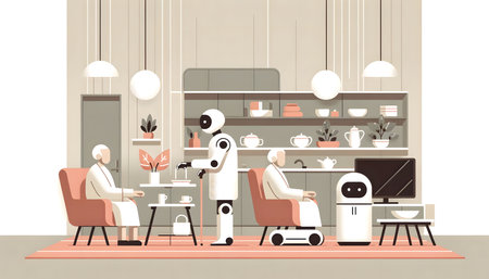 Illustration of artificial intelligence in the kitchen. Robot and people.の素材