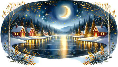Winter night landscape with village, lake and moon illustration.の素材