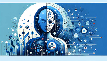 Abstract Artificial intelligence (AI), machine learning, cloud computing and big data concept. Digital futuristic illustration.の素材