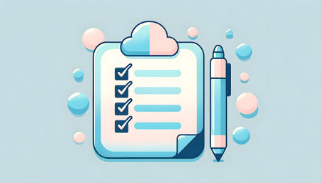 Flat design concept of checklist with pen and cloud on blue backgroundの素材