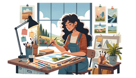 Female artist sketching picture in her studio. Illustration in cartoon styleの素材