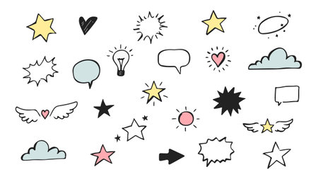Set of hand drawn doodle speech bubbles and stars. Vector illustration.のイラスト素材