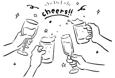 Illustration of cheers party event, hand holding a glass of beer and wine,clinking glassesのイラスト素材