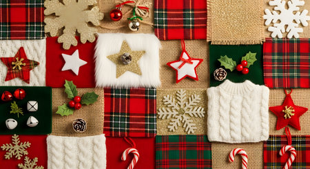 Christmas ornaments on a background of red and green plaidの素材