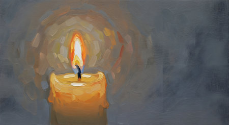 Oil painting of a burning candle in a dark room. Illustrationの素材