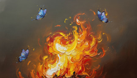Burning fire flame with butterflies on a dark background. Oil painting Illustration.の素材