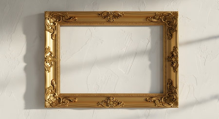 Golden vintage antique classic picture frame on a white wall. 3d rendering mock upの素材
