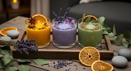 Glasses of aroma candle with lavender and orange on wooden trayの素材