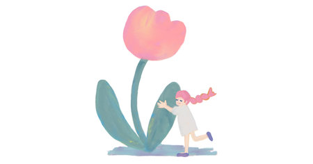 Illustration of a girl with a pink giant big tulip on a white backgroundの写真素材