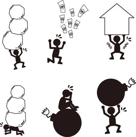 A set of cartoon silhouettes illustrations depicting debt burden and stress.のイラスト素材