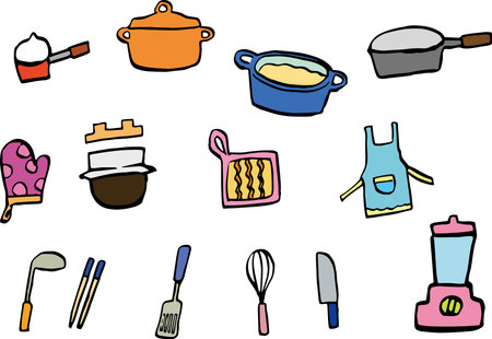 handwritten illustration of kitchen utensils(color)のイラスト素材