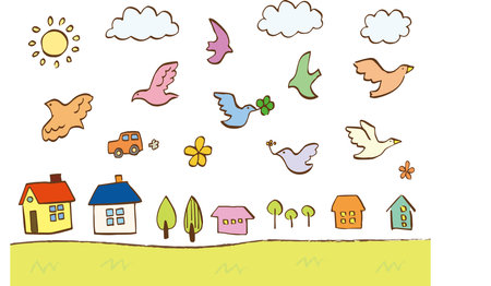 Set of hand-drawn colorful small birds and city.のイラスト素材