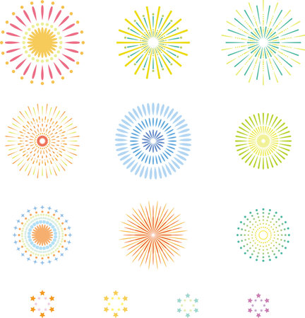 Vector illustration set of simple and colorful fireworks.(white background)のイラスト素材