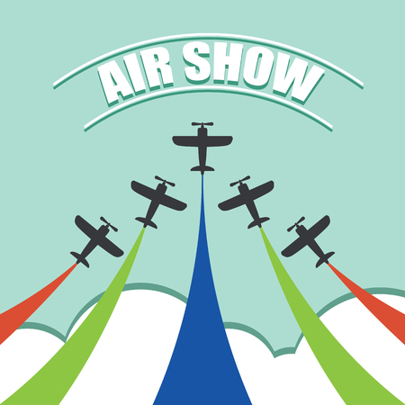 Maneuvers of an fighter planes in the blue sky for air show banner vector illustration.のイラスト素材