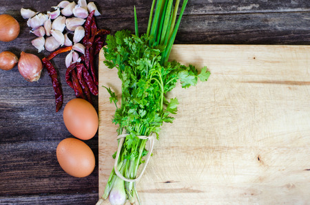 eggs and spices on Wooden floor vintageの写真素材