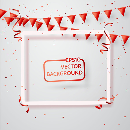 Celebration background frame template with confetti and red ribbons. Vector illustrationのイラスト素材
