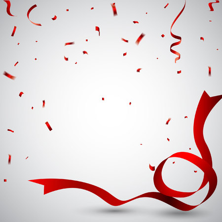 Celebration background template with confetti and red ribbons. Vector illustrationのイラスト素材