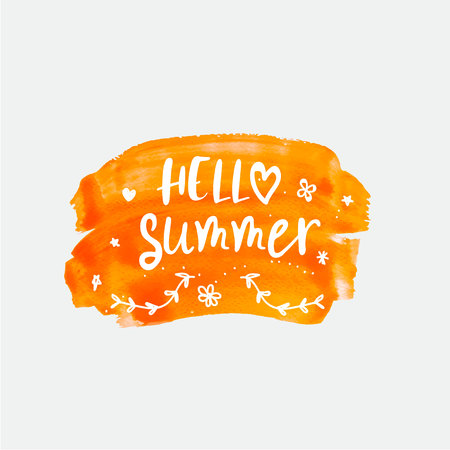 Watercolor lettering hello summer in orange blot illustration.のイラスト素材