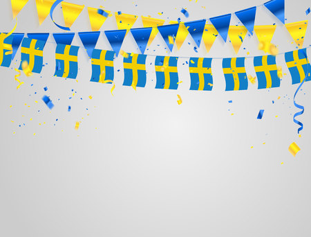 Sweden flags Celebration background template with confetti and Yellow and blue ribbons.のイラスト素材
