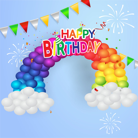 Happy birthday vector Celebration party banner Golden foil confetti and white and glitter Colorful balloons.のイラスト素材