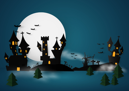 Castle Halloween Banner background. Paper cut vector illustrationのイラスト素材