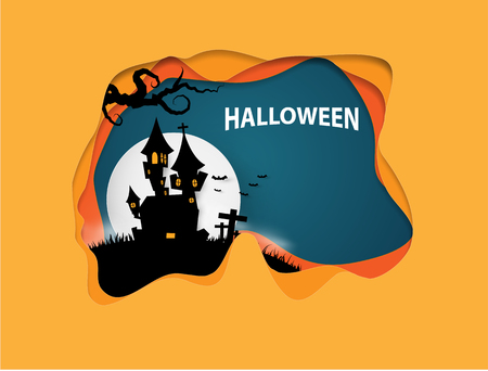 Castle Halloween Banner background. Paper cut vector illustrationのイラスト素材