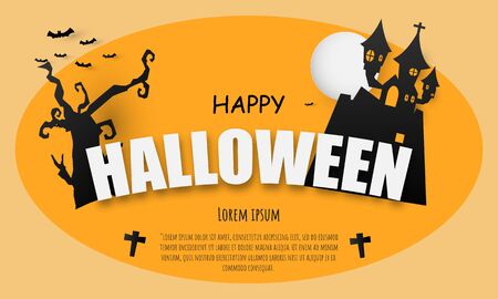 Castle Halloween Text Banner background. Paper cut vector illustrationのイラスト素材