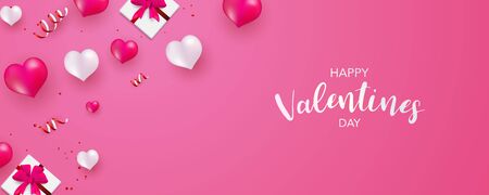 Valentine's day, banner template. Surprise gift box with glod ribbon and hearts balloon,のイラスト素材