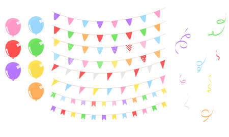 Sweet set color balloons, flag confetti concept design template holiday Happy Day, background Celebration Vector illustration.のイラスト素材
