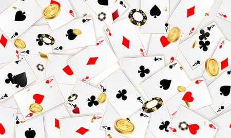 Casino banner jackpot design decorated with golden glittering playing prize sign coins.