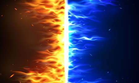 fire flames Versus VS sign exploding by elements, water splashes and lightning Burning red hot sparks realistic abstract backgroundのイラスト素材