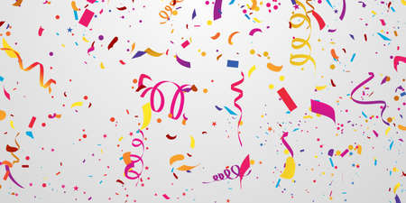confetti and colorful ribbons. Celebration background template with