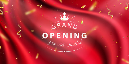 Red curtain background. Grand opening event design. confetti gold ribbons. luxury greeting rich card.のイラスト素材