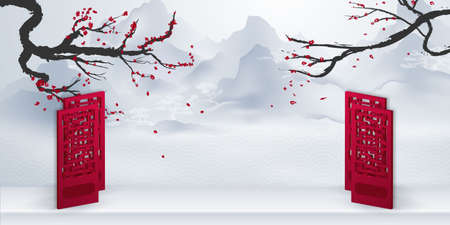 Wallpaper White mountains and white fog and trees with red flowers and red doors.のイラスト素材